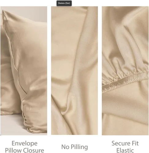 Miniatura 5 de Threadmill Juego de sábanas de rayón de bambú para cama de tamaño matrimonial, 4 piezas refrescantes color beige, suaves como la seda, ligeras