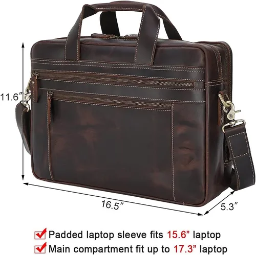 Miniatura 7 de TIDING Maletín de cuero genuino de 17 pulgadas para portátil de mensajero para hombres de negocios de viaje bolsa de hombro