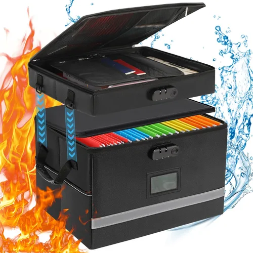 EXLIFBAG Caja de archivos de 2 capas con cerradura, caja organizadora de documentos portátil con asa, caja de archivos ignífuga para oficina en Negro