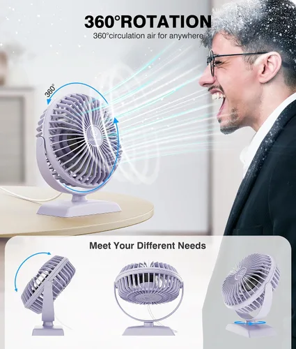 Miniatura 4 de JZCreater Ventilador de escritorio USB, ventilador USB Mini, ventilador de escritorio de rotación 360 con 3 velocidades, ventilador de refrigeración