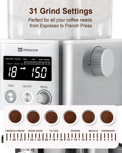 Miniatura 4 de MOKKOM Molinillo de café eléctrico con báscula de café extraíble, molinillo de granos de café cónico antiestático, 31 ajustes precisos para verter