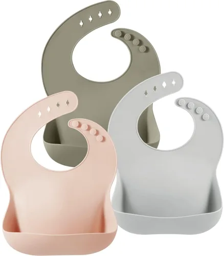 Miniatura 13 de PandaEar Set of 3 Silicone Baby Bibs, Waterproof Soft Adjustable Bibs for Babies Toddlers 10-72 Months