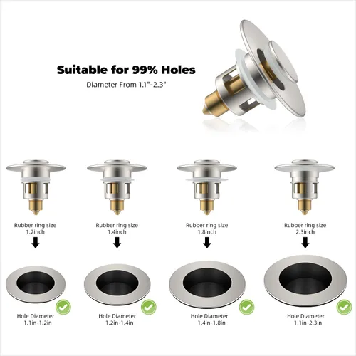 Miniatura 2 de Hibbent Paquete de 2 tapones universales de metal para lavabo de 1.1 a 2.3 pulgadas, colador de drenaje de fregadero emergente, tapón tipo empuje