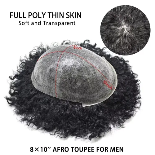 Miniatura 5 de Afro Toupee para hombres negros, rizado afro ondulado, postizo masculino, piel fina, PU negro, para hombre, tupé, reemplazo de cabello humano