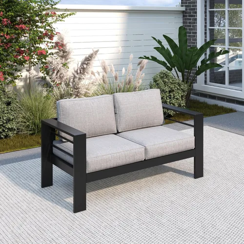 Miniatura 12 de Solaste Aluminum Patio Sofa with Coffee Table,3 PCS Patio Furniture Set with Cushions, All-Weather Outdoor Sofa for Balcony, Deck, Backyard, Porch