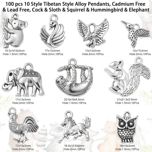 Miniatura 2 de Ipotkit - Dijes de animales tibetanos – 100 piezas de aleación de ardilla, perezoso, caballo, pájaro, elefante, koala, pavo real, animales salvajes