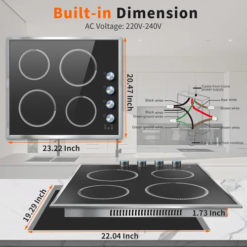 Miniatura 9 de Placa de cocción eléctrica de 4 quemadores, estufa eléctrica de 24 pulgadas, 6000 W, 220 V-240 V, placa de cocción de cerámica integrada con control