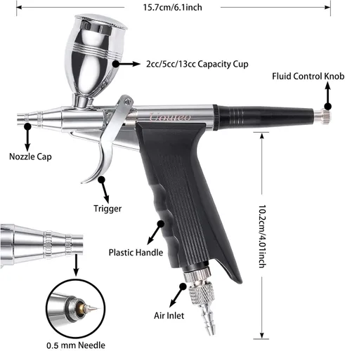Miniatura 2 de Pistola de disparo de aerógrafo Cepillo de aire de doble acción con agujas de 0.020 in 2CC/5CC/13CC Copa para pintar Kit aerógrafo 166AK 0.020 in