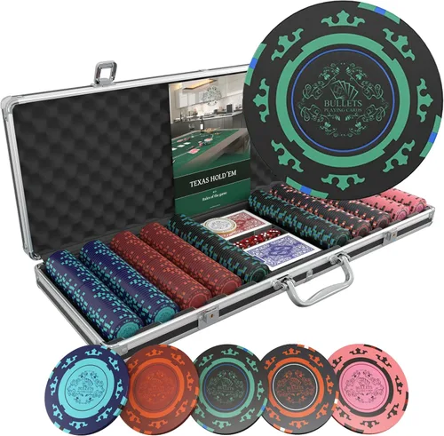 Bullets Playing Cards | Juego de póquer Corrado | 500 fichas de póquer de arcilla (0.49 oz) con estuche de aluminio y naipes - Texas Hold'em, fichas