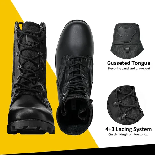 Miniatura 11 de Botas militares de WIDEWAY para hombres, botas de combate de jungla tácticas de cuero resistente al deslizamiento, negras, para hombres, todo