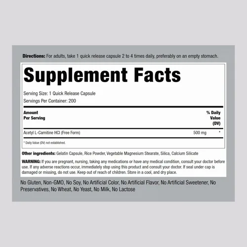 Miniatura 2 de Piping Rock Acetil L-carnitina HCL 500 mg 200 cápsulas en polvo Suplemento sin OMG, sin gluten