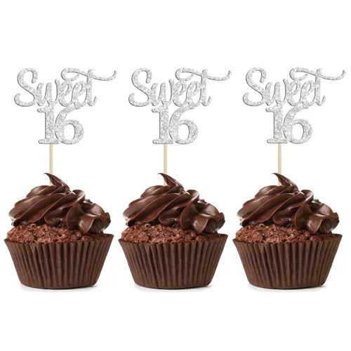 Miniatura 14 de Gyufise 1 decoración para tartas de 16 años con purpurina negra para cumpleaños de 16 años, decoración para felicitaciones a 16 años de edad