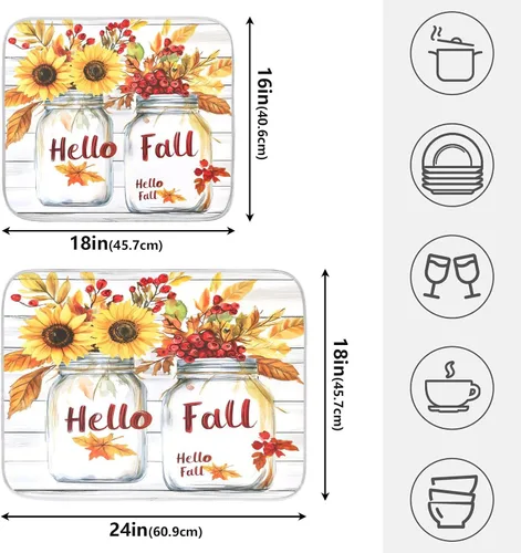Miniatura 2 de Tapete de secado de platos de hojas de otoño y girasol, almohadilla absorbente de secado rápido, protector para encimera de cocina, 16 x 18 pulgadas