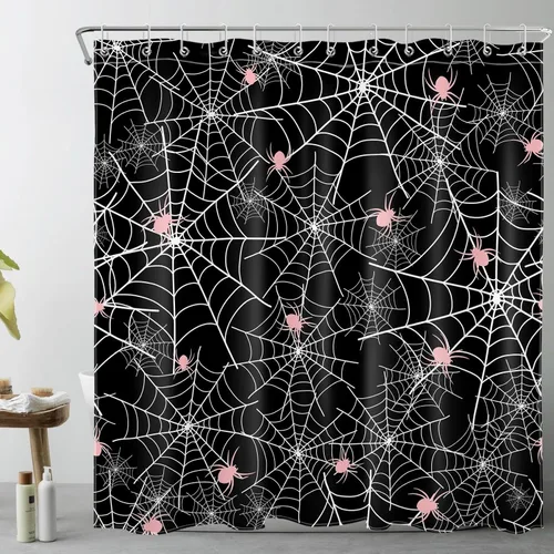 Miniatura 10 de EOBTAIN Cortina de ducha de Feliz Halloween para baño, arañas rosas aterradoras con telaraña sobre negro, cortina de ducha farbic con 10 ganchos