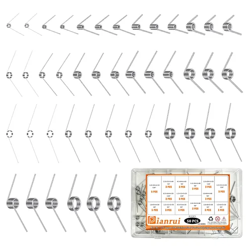 Dianrui Kit surtido de 50 resortes torsionales, 45/90/120 grados, 15 tamaños, acero inoxidable 304, mecánico, pequeño resorte de torsión para