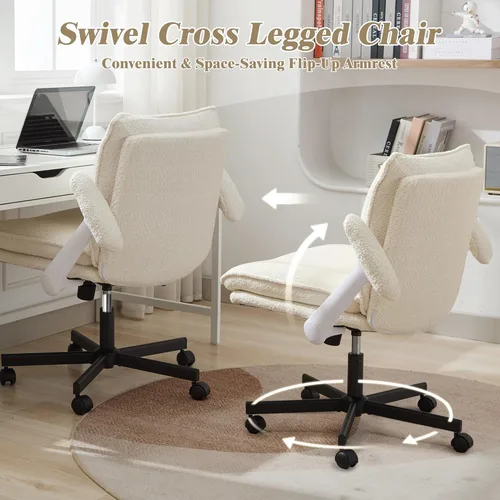 Miniatura 4 de Kassipo Silla de Oficina con Patas Entrecruzadas con Ruedas y Brazos Abatibles, Silla de Escritorio Tapizada con Patas Entrecruzadas, Sillas