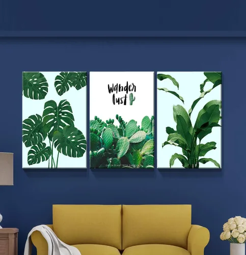 Miniatura 3 de Denozer - 3 piezas de arte de pared en lienzo con hojas verdes para sala de estar, decoración moderna del hogar, estirada y enmarcada lista