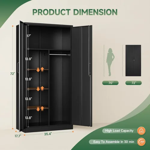 Miniatura 3 de Letaya Armarios de Almacenamiento de Metal Casillero con Puerta con Cerradura, Guardarropa Independiente de Almacenamiento de Acero para Ropa y Negro