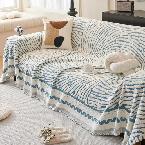 Miniatura 2 de ROOMLIFE Funda de sofá gruesa a rayas con borlas, manta de funda de sofá de felpilla azul para sofá seccional, fundas de sofá suaves para sofá