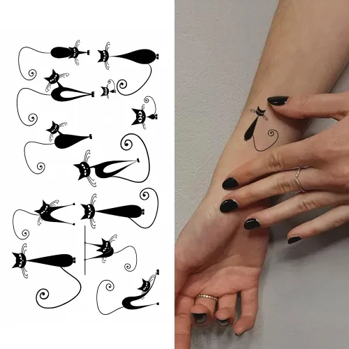 Miniatura 8 de Juego de 2 calcomanías de tatuaje temporal pequeñas, diseño de pareja de tótem de cola de gato negro, diseño de pareja para mano, cuello, cara, K-222