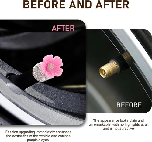 Miniatura 6 de 4 piezas de tapas de vástago de válvula brillantes, lindas válvulas de rueda de automóvil con flores de Sakura, atractivas cubiertas de aire