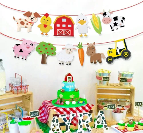 Miniatura 3 de Decoración de fiesta de cumpleaños de animales de granja, pancarta de feliz cumpleaños con guirnalda de banderines de corral para niños y niñas