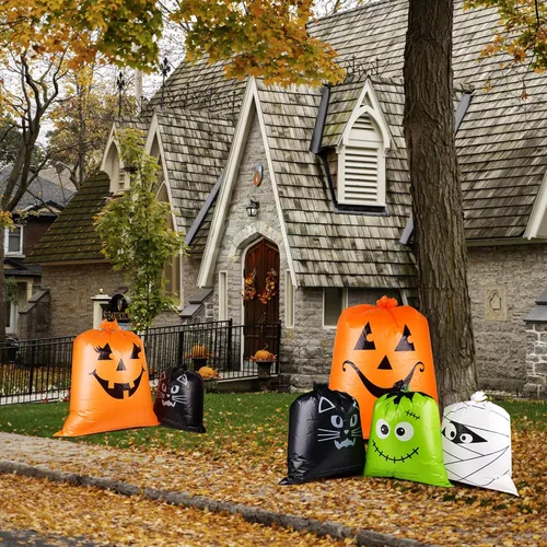 Miniatura 3 de Paquete de 12 bolsas de basura de plástico resistentes con lazos giratorios, 6 diseños de bolsas de basura grandes de calabaza para jardín, césped