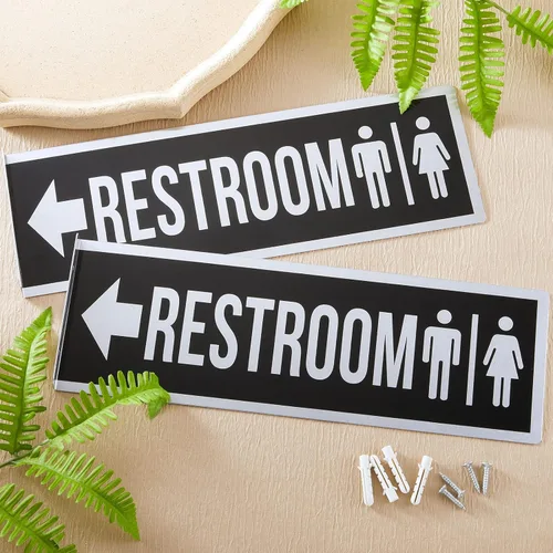 Miniatura 5 de 2 letreros de metal de doble cara de 12 x 4 pulgadas, bandera de baño de aluminio negro para negocios, baño, puerta, baños, decoración de pared