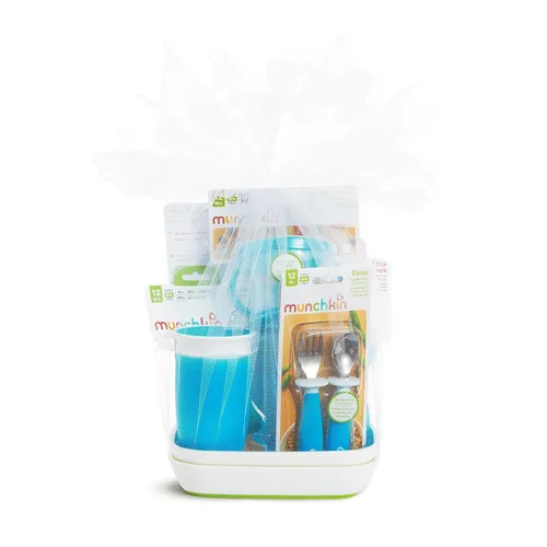 Munchkin Juego de regalo de primer cumpleaños para bebé/niño pequeño, incluye tazas para beber, platos, utensilios de alimentación, atrapador de Azul