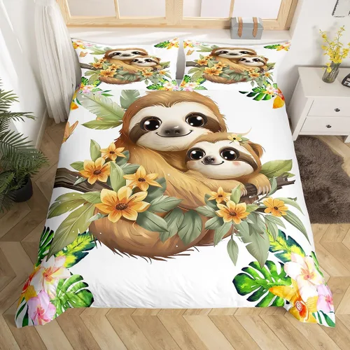 Miniatura 11 de Erosebridal Juego de ropa de cama de perezoso tamaño individual, adorable funda de edredón de perezoso en el árbol para niños y niñas, funda