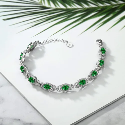 Miniatura 4 de Gem Stone King Pulsera de tenis de plata de ley 925 ovalada verde simulada para mujer (7.45 quilates, 7 pulgadas, con extensor de 1 pulgada), Plata