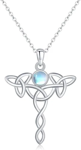 Celtic Knot Necklace 925 Sterling Silver Pentagram Necklace Moon Pentacle Pendant Cross Triple Moon Goddess Amulet Moonstone Jewelry Gifts for Women