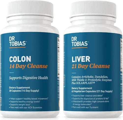 Dr. Tobias Colon 14 Day Cleanse & Liver 21 Day Cleanse Suplementos con fibra, hierbas y probióticos, Solarplast, alcachofa, cardo mariano, apoya la