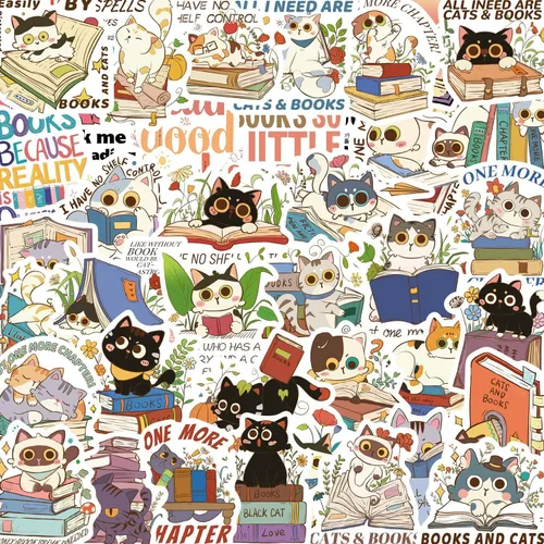 60 piezas de calcomanías de gatos y libros - Lindas calcomanías de vinilo impermeables de gatitos para amantes de los libros, lectores, álbumes de