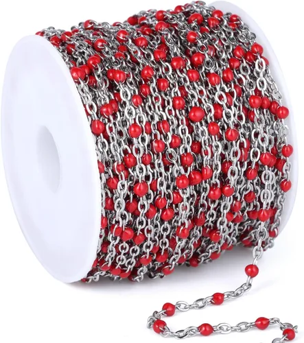 Miniatura 20 de Cadenas de esmalte dorado de 33 pies a granel, 2 mm, chapadas en oro de 18 quilates con PVD, acero inoxidable 304, cadena de eslabones con cuentas