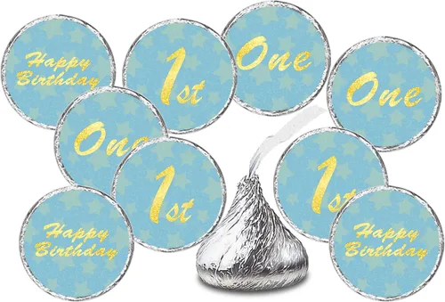 Calcomanías de besos de primer cumpleaños, etiquetas de beso azul para fiesta de cumpleaños de niños, decoraciones de mesa de gotas de chocolate,