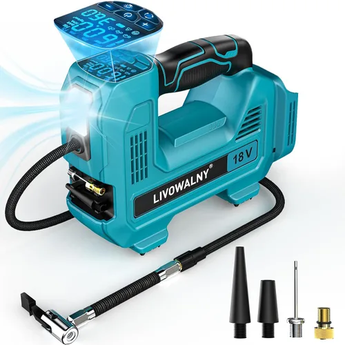 Miniatura 11 de Compresor de aire inflador de neumáticos inalámbrico compatible con batería Dewalt 20V Max, LIVOWALNY bomba de aire portátil con manómetro digital
