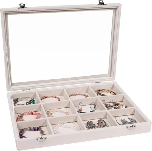Stratalife Organizador de joyas, organizador de pulseras, caja de almacenamiento apilable de 12 rejillas con tapa, joyero de terciopelo para cajón,