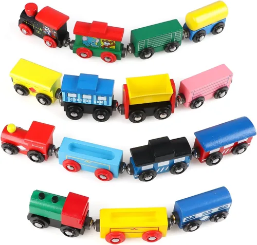 Miniatura 3 de 31 piezas de vagones de tren de madera - Juego de tren magnético incluye 15 vagones, 10 conectores de bonificación y bolsa de almacenamiento, juego