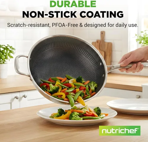 Miniatura 3 de NutriChef Wok de acero inoxidable de 12" - Listo para inducción, tecnología antiadherente de triple capa, patrón texturizado de panal de fuego