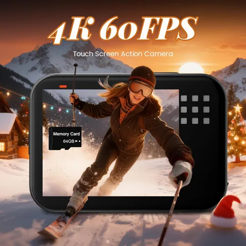 Miniatura 2 de Cámara de acción 4K60FPS impermeable, cámara subacuática desnuda de 15M con tarjeta de 64 GB, pantalla táctil con zoom 8X, cámara deportiva, cámara