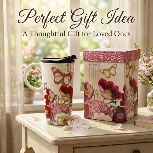 Miniatura 7 de Topadorn Taza de café de cerámica de 17 onzas con tapa y caja de regalo para viaje, Flor Roja y Mariposa Botanical Gardens