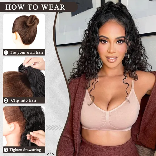 Miniatura 2 de AISI BEAUTY Extensión de cola de caballo rizada, 16 pulgadas, color marrón y negro, extensión de cola de caballo para mujeres negras, extensiones