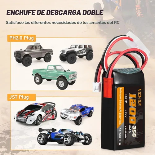Miniatura 7 de Batería SCX24 7.4V 1200mAh Lipo Batería 2S 35C (Burst 70C) con PH2.0 JST Plug con 1TO2 Cargador USB apto para SCX24 RC Car WLtoys A949 A959 A969