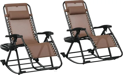 Miniatura 10 de Outsunny Mecedoras para exteriores, plegables, reclinables, de gravedad cero, mecedora de descanso con almohada, portavasos y soporte para teléfono