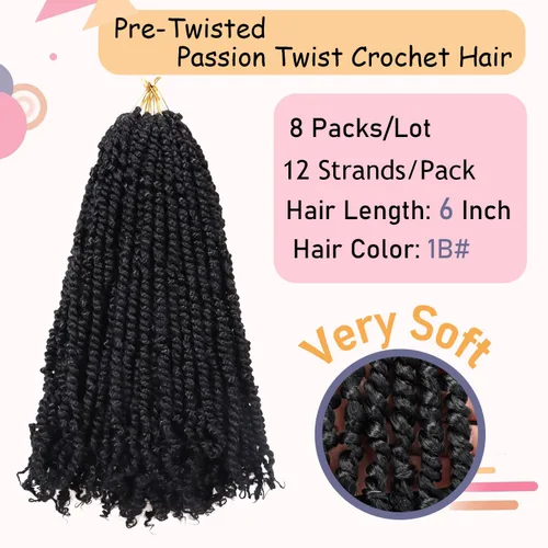 Miniatura 3 de 8 paquetes de extensiones de cabello sintético pretrenzado y prerrizado de ganchillo de 6 pulgadas, con rizos de pasión, para mujeres negras