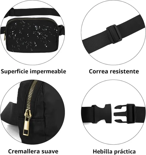 Miniatura 4 de VOROLO Riñonera para mujeres y hombres, bolsa cruzada, bolsa de cinturón con correa ajustable, Negro, Talla única