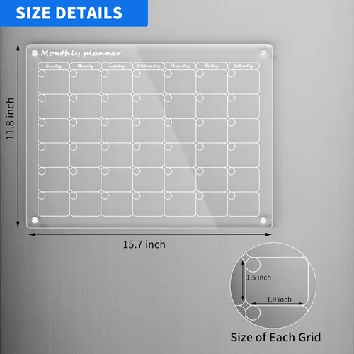 Miniatura 6 de AITEE Pizarra acrílica magnética de borrado en seco para nevera, calendario, 16"x12" pulgadas, planificador mensual transparente para refrigerador