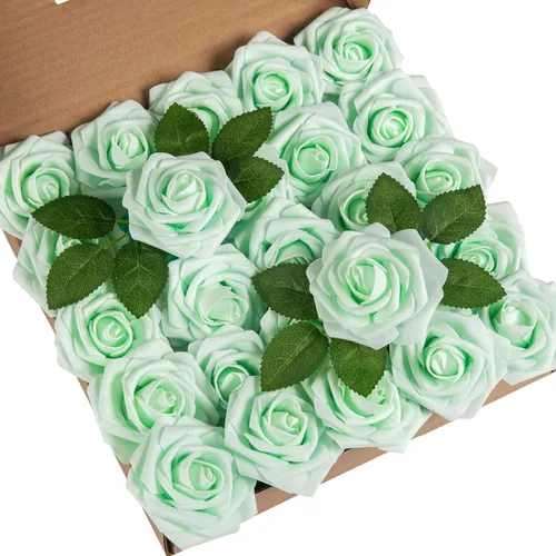 DuHouse 25 rosas artificiales con tallos, flores de espuma de tacto real para bricolaje, ramo de boda, centro de mesa, arreglo floral, fiesta, Verde