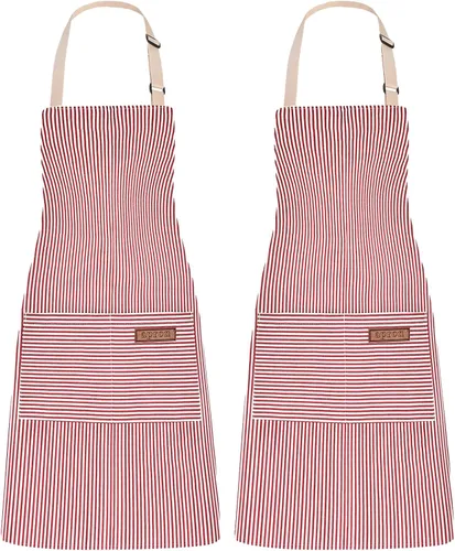 Miniatura 9 de Paquete de 2 delantales de cocina ajustables para mujeres y hombres con 2 bolsillos, delantales con peto de mezcla de algodón y poliéster